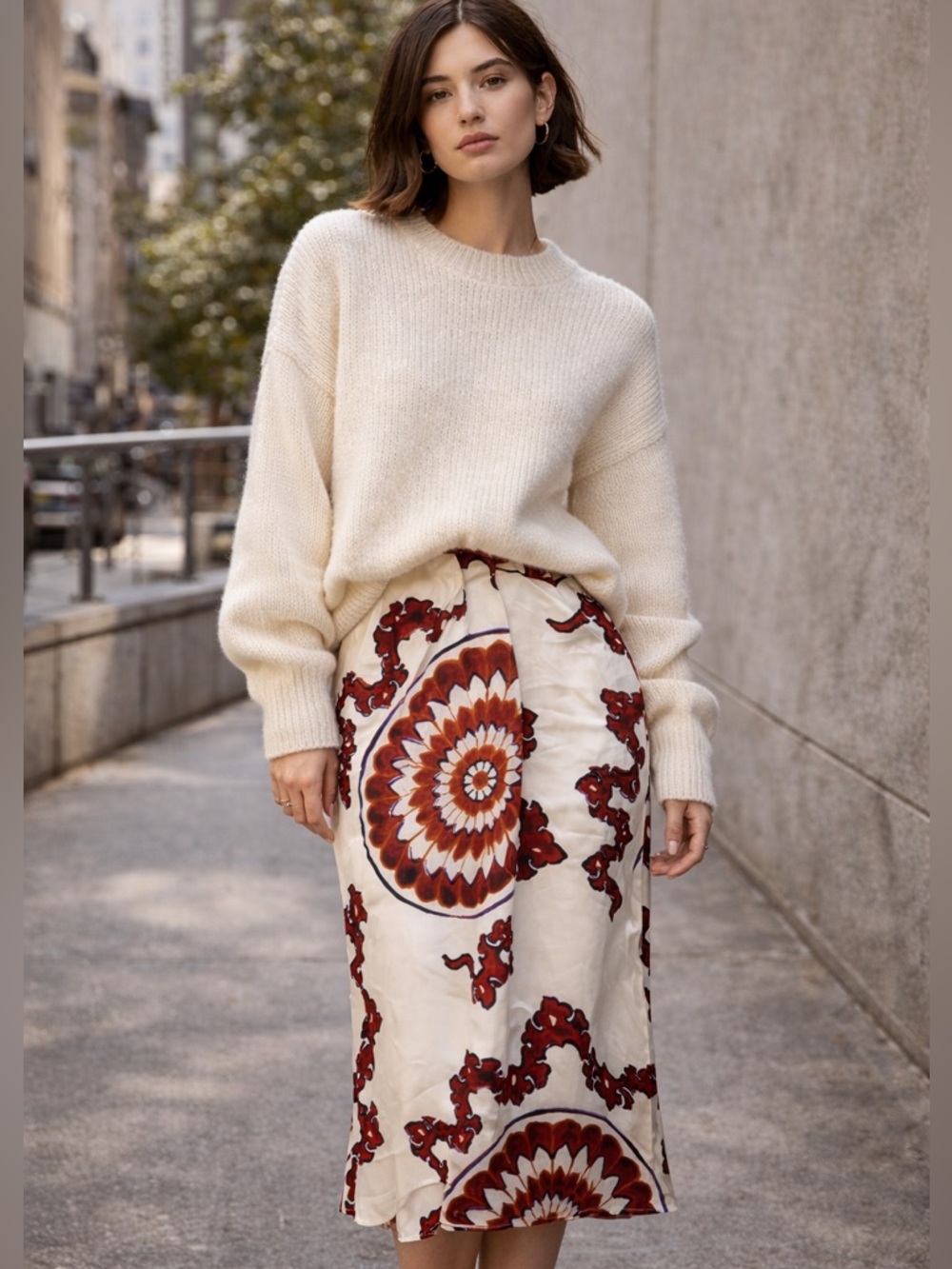 Banana Republic Silk Midi Skirt Small NWT | Ivory/Rust Floral Satin